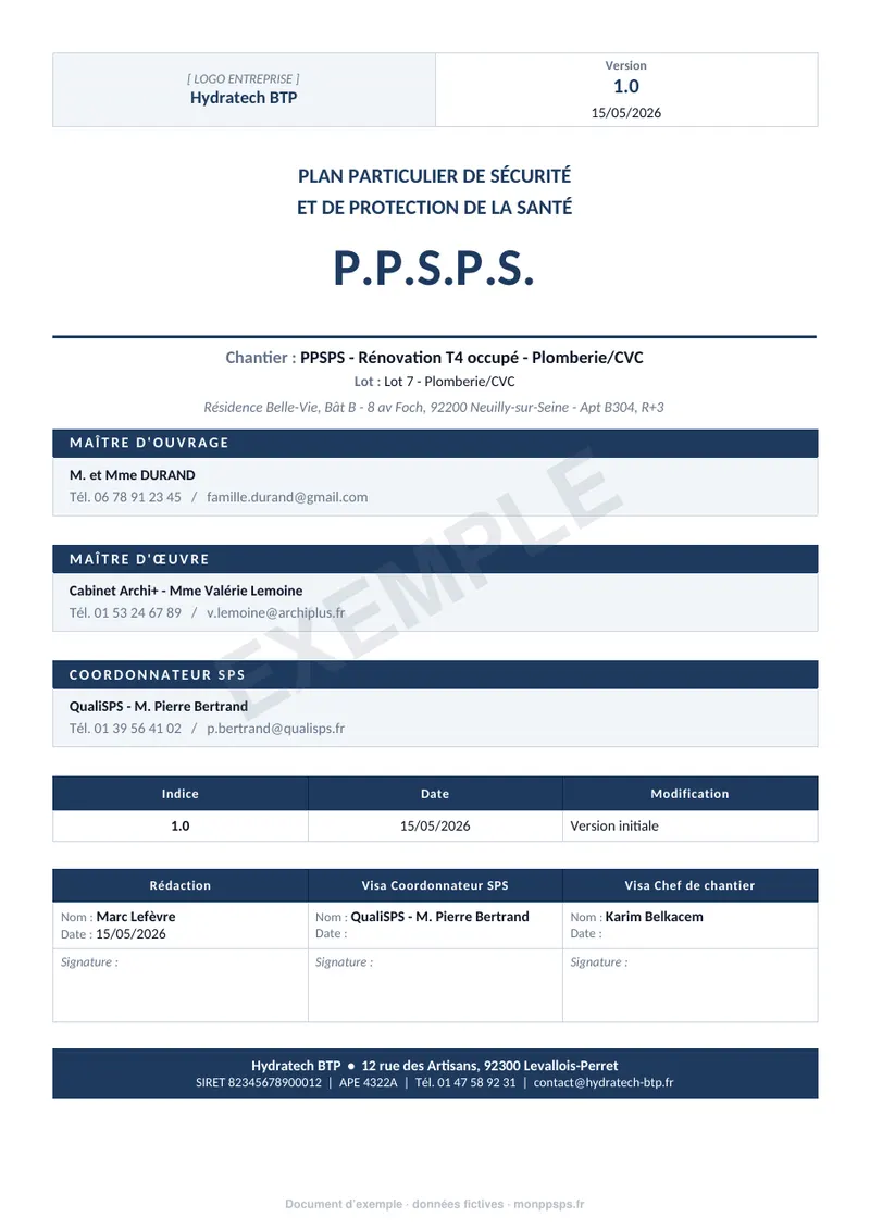 Page de garde d'un exemple de PPSPS en plomberie CVC : entreprise, chantier, maître d'ouvrage, maître d'œuvre, coordonnateur SPS, indice de version et visas