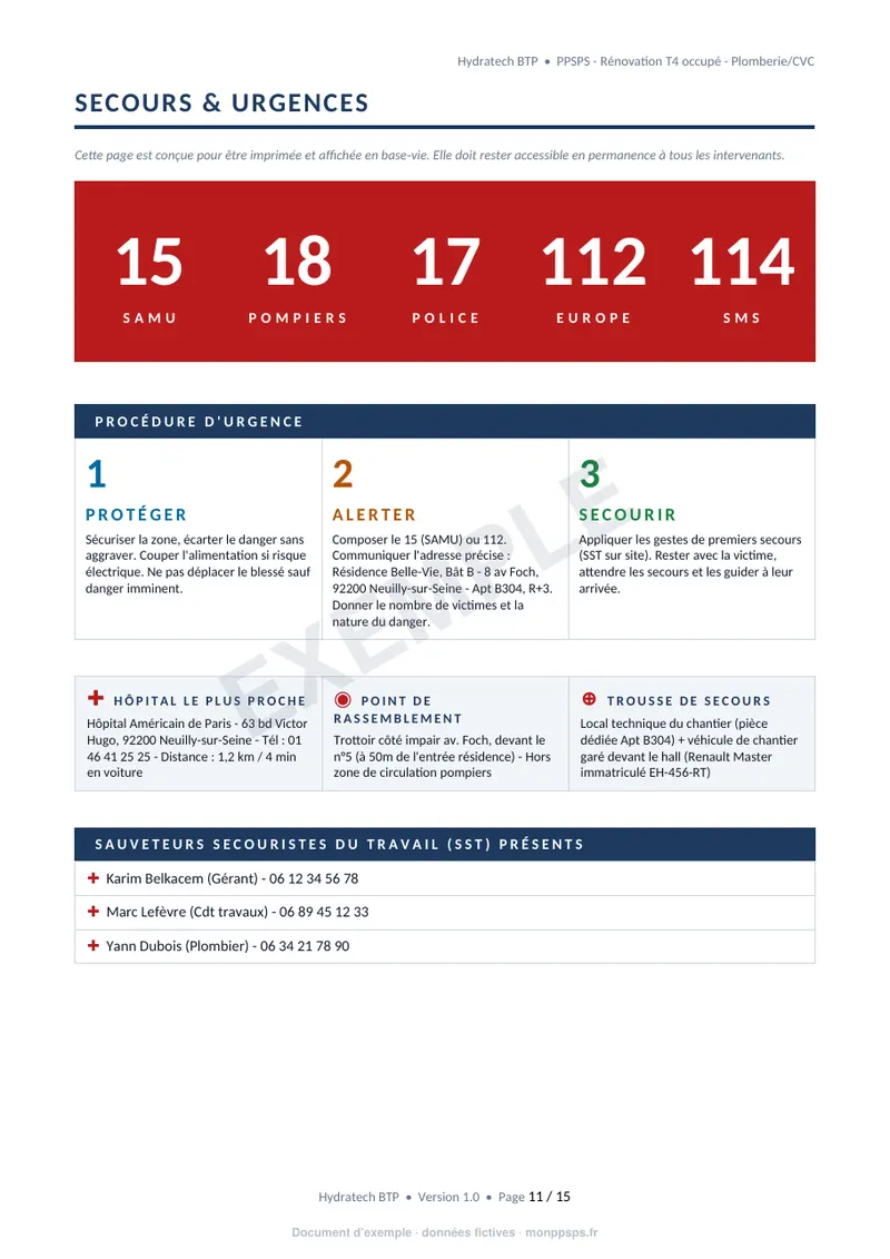 Fiche secours et urgences d'un exemple de PPSPS : numéros d'urgence, procédure protéger alerter secourir, hôpital le plus proche, point de rassemblement, trousse de secours et sauveteurs secouristes présents